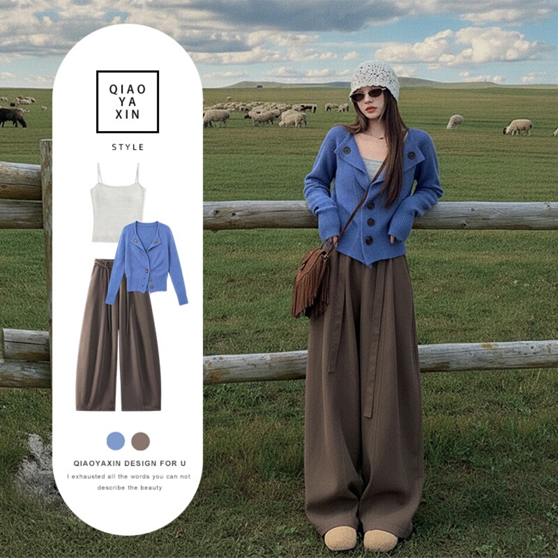 Xinjiang Grassland Style Melard Knit Top and Wide-Leg Pants Women's Early Autumn Outfit Women's 2026 New Complete Set Xinjiang Grassland Style Melard Knit Top and Wide-Leg Pants Women's Early Autumn Outfit Women's 2026 New Complete Set