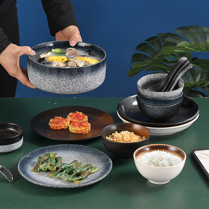 Japanese retro tableware ceramic rice bowl breakfast bowl meal dish set household bowl plate soup bowl soup spoon
