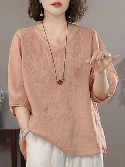 仿棉麻半袖上衣女夏季复古高端苎麻女装ⅴ领宽松大码刺绣薄款小衫