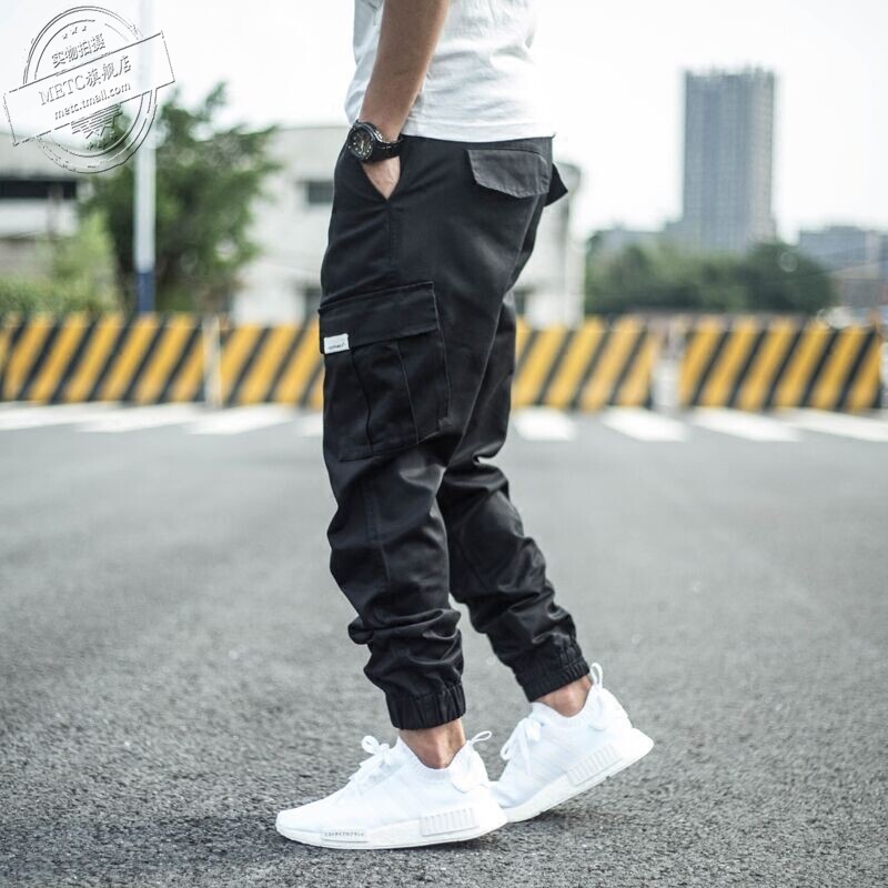 Yu Wenle Japanese fashion brand street solid color smoke pipe pants Large size men's pants Camouflage overalls Elastic drawstring pants pants