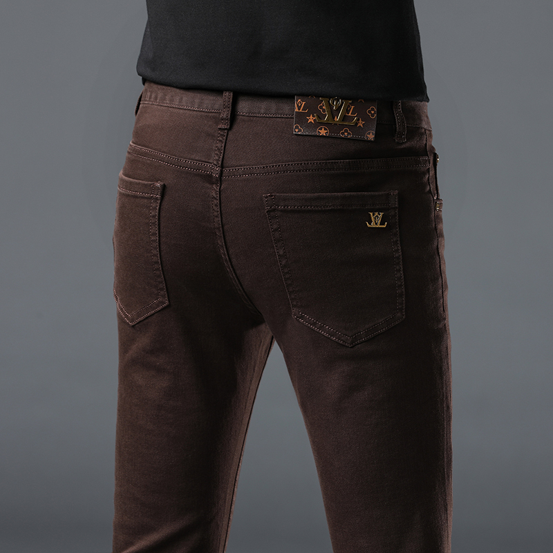 Italian High-End Brand Camel-Colored Jeans for Men, Summer Thin Slim-Fit Tapered Pants in Coffee and Brown Colors, Trendy Casual Pants