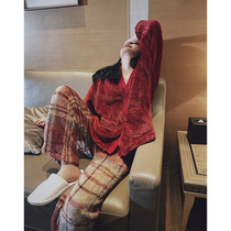 House deer pajamas female winter coral velvet padded velvet flannel long sleeve warm red home clothing set autumn and winter
