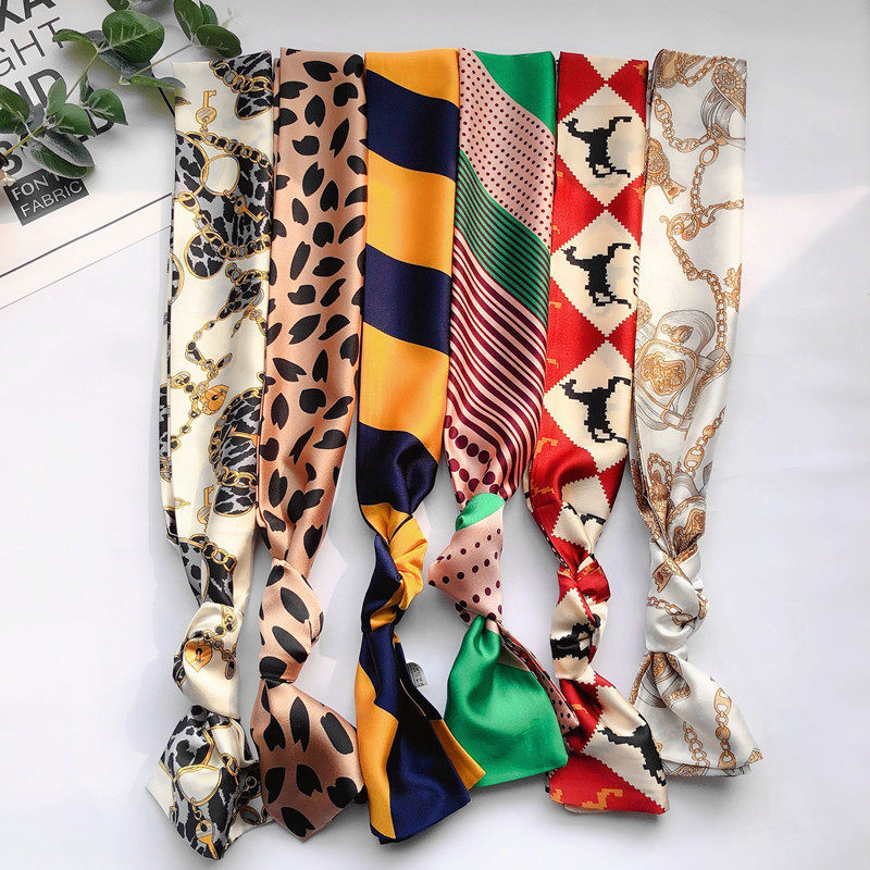 South Korea ins2019 Career fine narrow strip decorated in spring and autumn printed silk scarlet woman 100 lap scarves