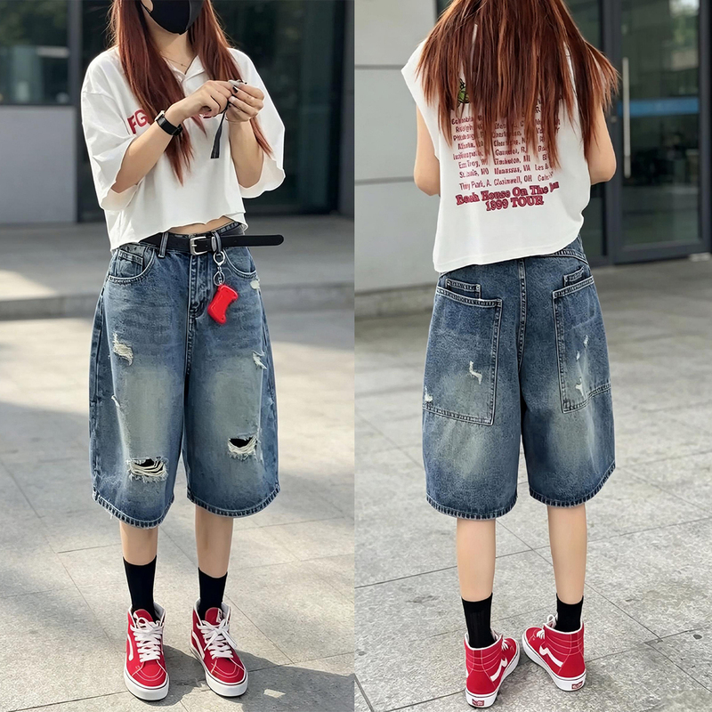 Washed Ripped Denim Shorts for Women, Plus Size, Summer 2026 New Style, High-Waisted, Versatile, Slimming, Stylish Wide-Leg Mid-Length Pants Washed Ripped Denim Shorts for Women, Plus Size, Summer 2026 New Style, High-Waisted, Versatile, Slimming, Stylish Wide-Leg Mid-Length Pants