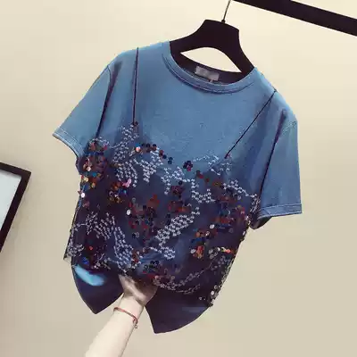 Hong Kong Tide Brand ins Short Sleeve T-shirt Women 2021 Summer New Fake Two Sling Splice Loose base shirt Top