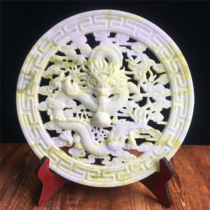 Natural Lantian jade safety buckle decoration home living room office porch wine cabinet double dragon play beads jade decoration