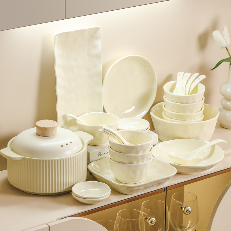 Cream-Style Bowl and Plate Set for Home Use, 2026 New Model, Plate and Bowl Set, Tableware Set with Underglaze Color