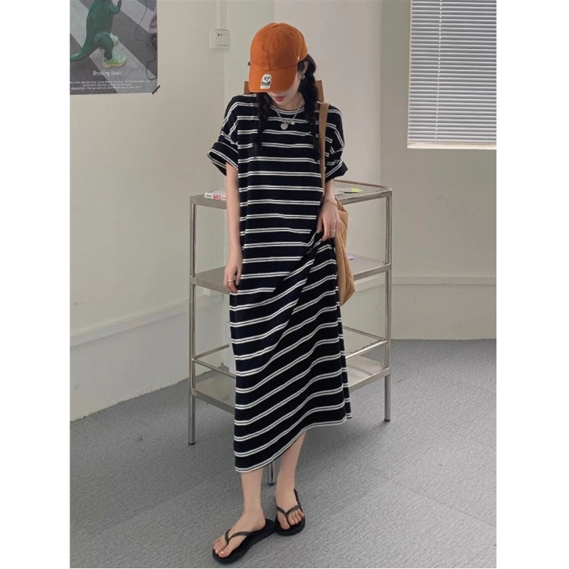 Striped Short-Sleeved Dress for Girls, Summer Loose Fit, Slimming, Lazy Style, Casual Long Over-The-Knee Slit T-Shirt Dress