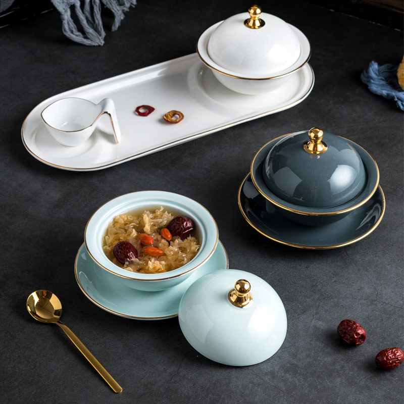 Ceramic stew stew with sugar water bowl bowl stewed bird 's nest bowls spoons sauce dish bowl dessert bowl with cover tray