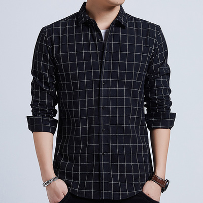 2021春秋男士格子衬衫长袖打底衬衫商务青中年休闲百搭修身衬衣男