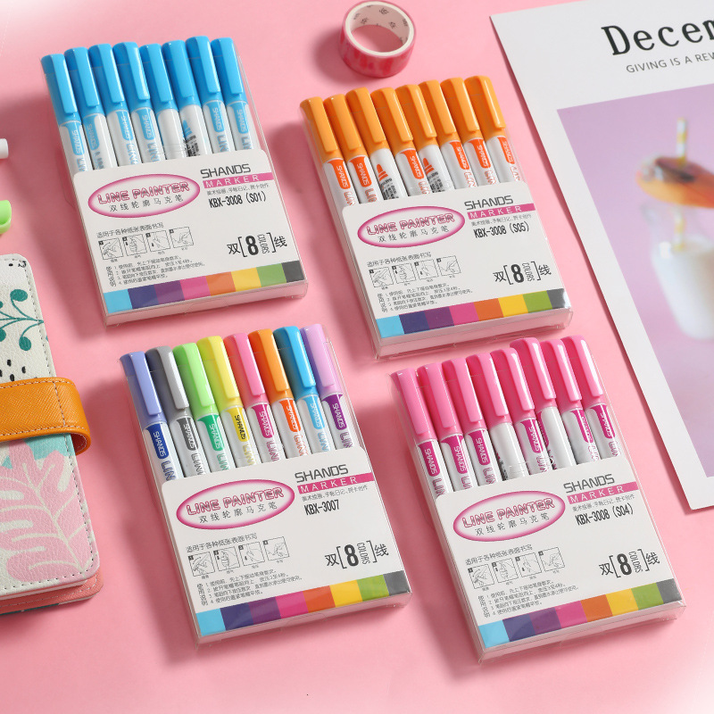 Douyin with the same double-line outline pen color marker note marker pen set multi-color pen cute flash pen creative hand account pen hollow three-dimensional silver fluorescent dream super cute candy-colored pen