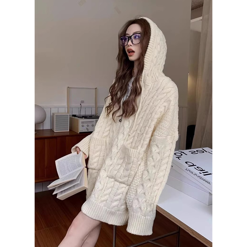 Lazy Style Hooded Twist Sweater Cardigan for Women, New Autumn and Winter Korean Style Loose Mid-Length Knitted Sweater Jacket