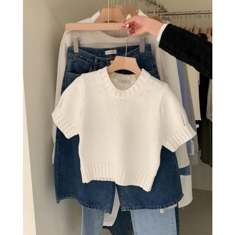 Korean-Style White Short-Sleeved Knit Top for Women, New Spring and Autumn T-Shirt, Inner Layer, Unique and Chic Short Top Korean-Style White Short-Sleeved Knit Top for Women, New Spring and Autumn T-Shirt, Inner Layer, Unique and Chic Short Top