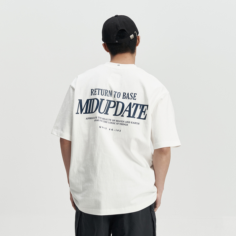 Midupdate Summer New Style Pure Cotton Small Neckline Japanese Letter Print Simple Versatile Round Neck Short-Sleeved T-Shirt for Men