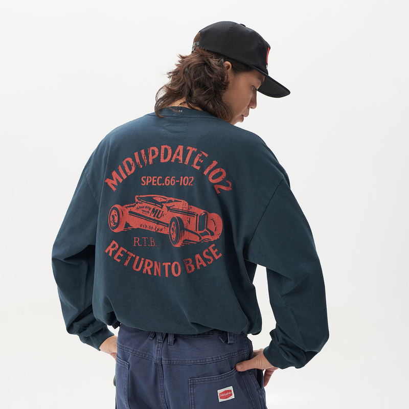 Midupdate 25 Autumn Heavy-Duty American Retro Distressed Racing Graphic Print Small Neckline Round Neck Long-Sleeved T-Shirt