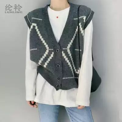 Rhomboid knit vest women's spring and autumn single-breasted cardigan waistless Korean version of wearing trampling sweater vest