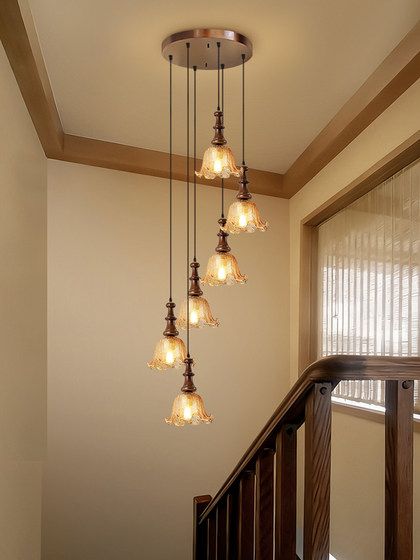 New Chinese-Style Mid-Century Staircase Chandelier for Open-Plan Duplex Stairwell, Long-Line Minimalist Wooden Chandelier