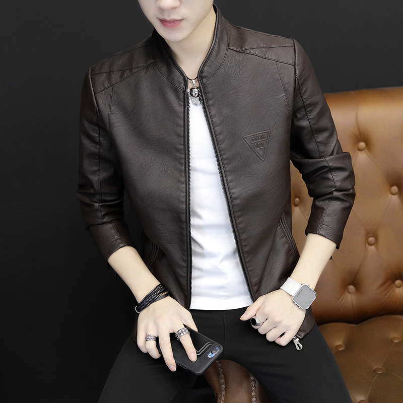 Men's Leather Jacket Autumn and Winter 2025 New Style Youth Korean Version Trendy Slim Fit Leather Jacket with Fleece Stand Collar Biker Jacket