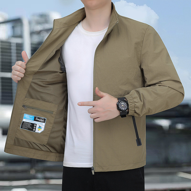 Outdoor Jacket for Men, Spring and Autumn Casual Sports Jacket, Trendy Loose Fit, Stand-Up Collar, Windproof, Waterproof, Quick-Dry Coat