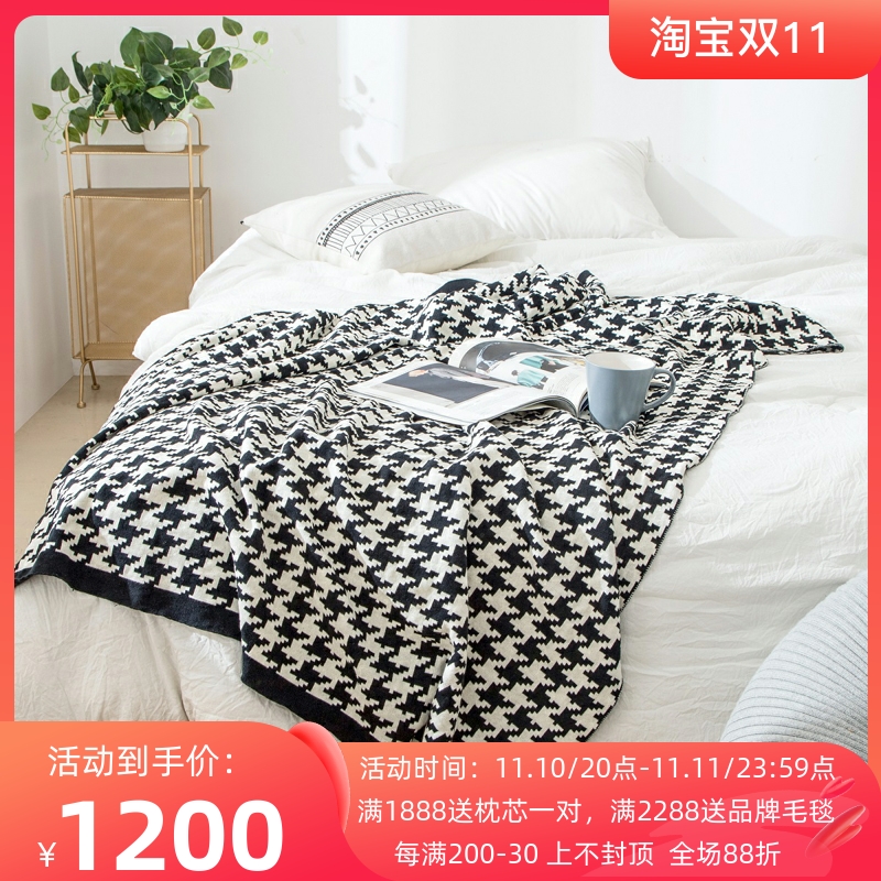 ESSONIO black and white houndstooth blanket cotton summer thin quilt nap blanket single air conditioner sofa shawl
