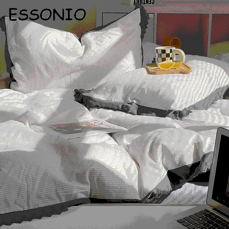 ESSONIO Korean-style pure cotton washed cotton four-piece set simple striped all-cotton edge quilt cover sheet bedding