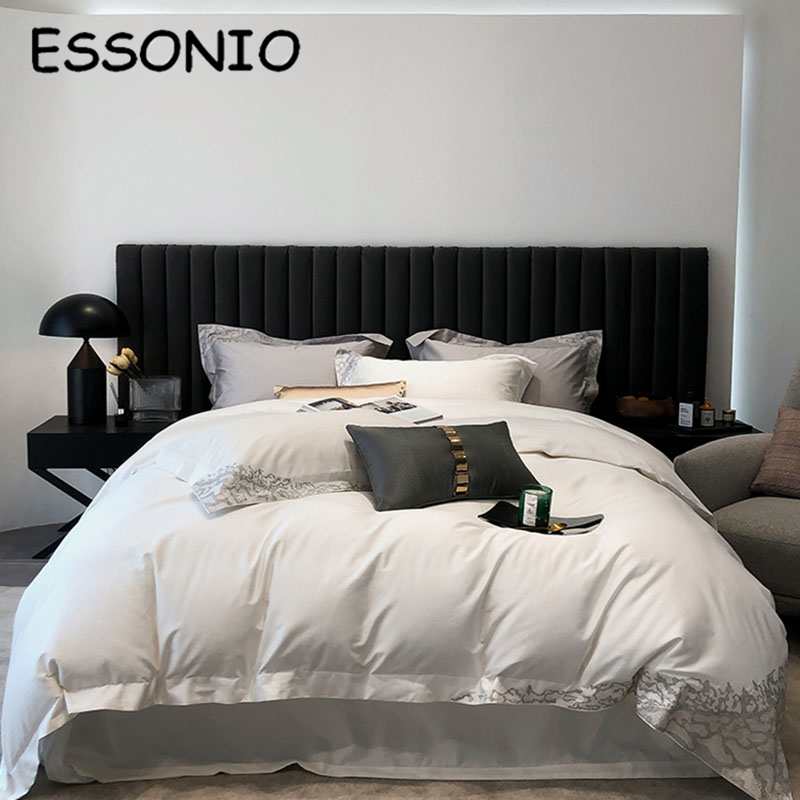 ESSONIO light luxury style long-staple cotton four-piece set simple cotton pure cotton solid color embroidery quilt cover bedding