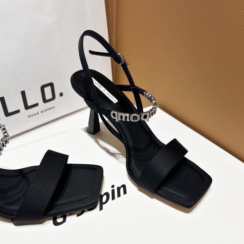 Rhinestone Letter Square-Toe Sandals for Women, Summer Fairy Style, Single Strap, Black Stiletto Heels, Satin High Heels, Simple and Versatile Rhinestone Letter Square-Toe Sandals for Women, Summer Fairy Style, Single Strap, Black Stiletto Heels, Satin High Heels, Simple and Versatile