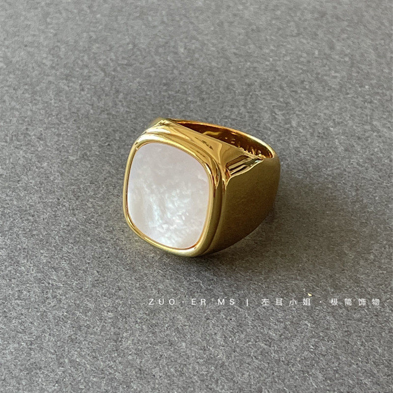 ins French cold style square ring HIDemi with the same niche high-end simple white mother-of-pearl gold-plated ring