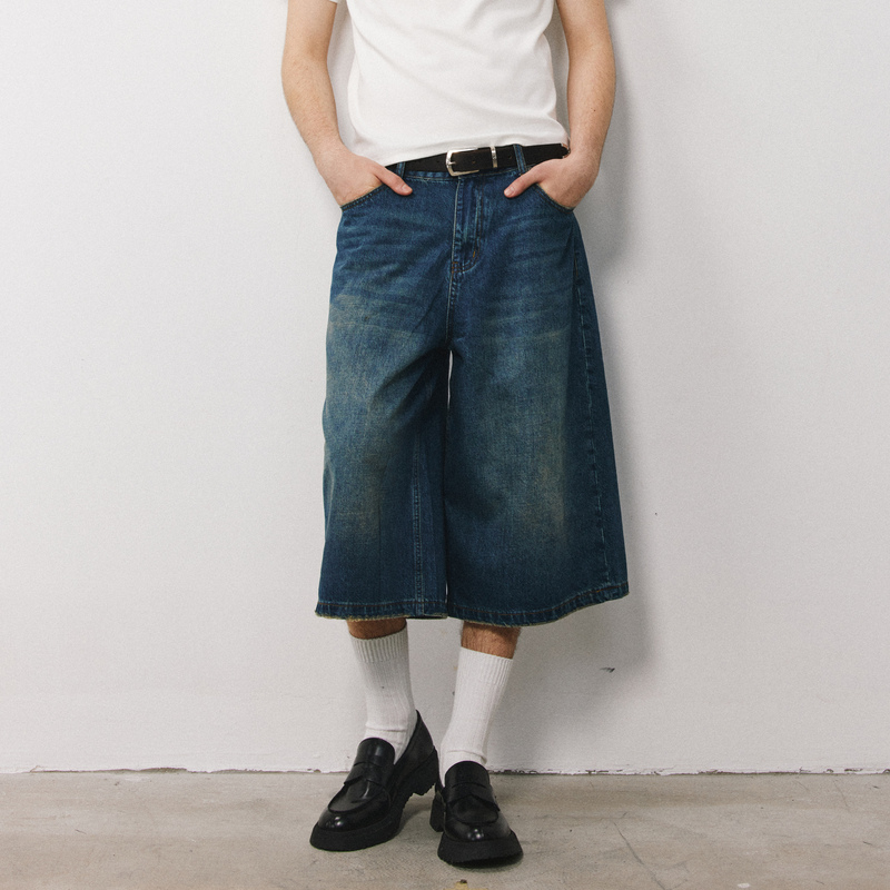 Dimc Retro Washed Denim Cropped Pants Summer New Mid-Waist Loose Straight-Leg Unisex Casual Shorts