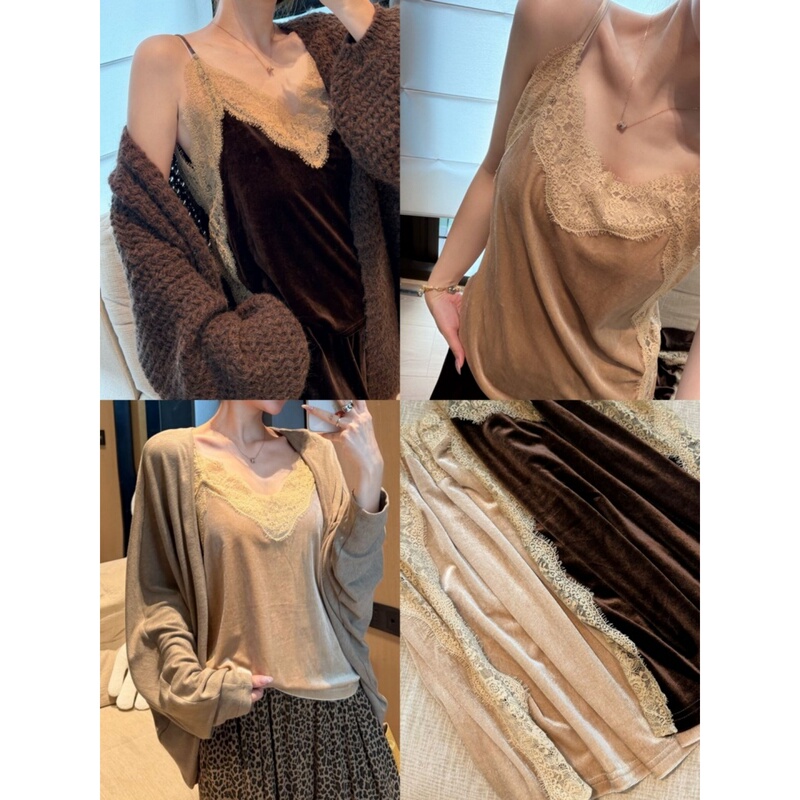 Sexy Lace V-Neck Velvet Camisole for Women, Autumn and Winter, Pure and Elegant, Loose-Fitting Inner Layer, Stunning Top Sexy Lace V-Neck Velvet Camisole for Women, Autumn and Winter, Pure and Elegant, Loose-Fitting Inner Layer, Stunning Top