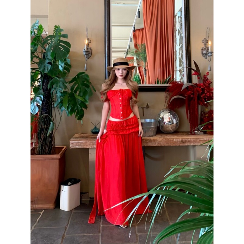 Beach Vacation Outfit for Women, Summer Sexy and Stunning One-Shoulder Red Fishbone Top and Long Skirt Two-Piece Set Beach Vacation Outfit for Women, Summer Sexy and Stunning One-Shoulder Red Fishbone Top and Long Skirt Two-Piece Set