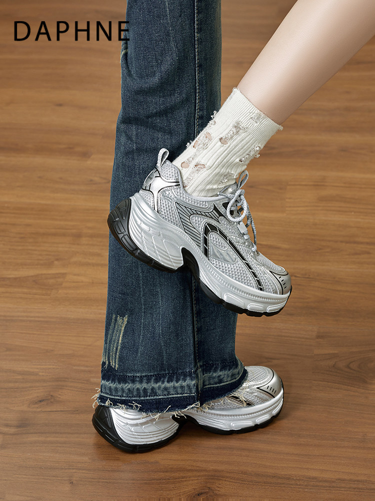 Daphne Silver Dad Sneakers for Women 2025 New Autumn and Winter Popular Thick-Soled Sports Shoes with Height Increase and Fleece Lining Women's Shoes