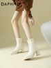Daphne White Short Boots for Women, Chunky Heel Slim Boots, 2026 New Autumn and Winter Square Toe High Heel Martin Boots