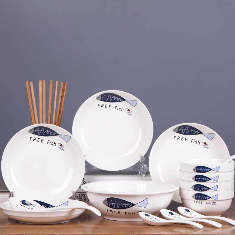 18 Head dishes Dish Suit Home Ceramic Ware Eating Bowl tray Plate Soup Bowl Large Noodle Bowl 4 People Bowl Chopsticks Combination