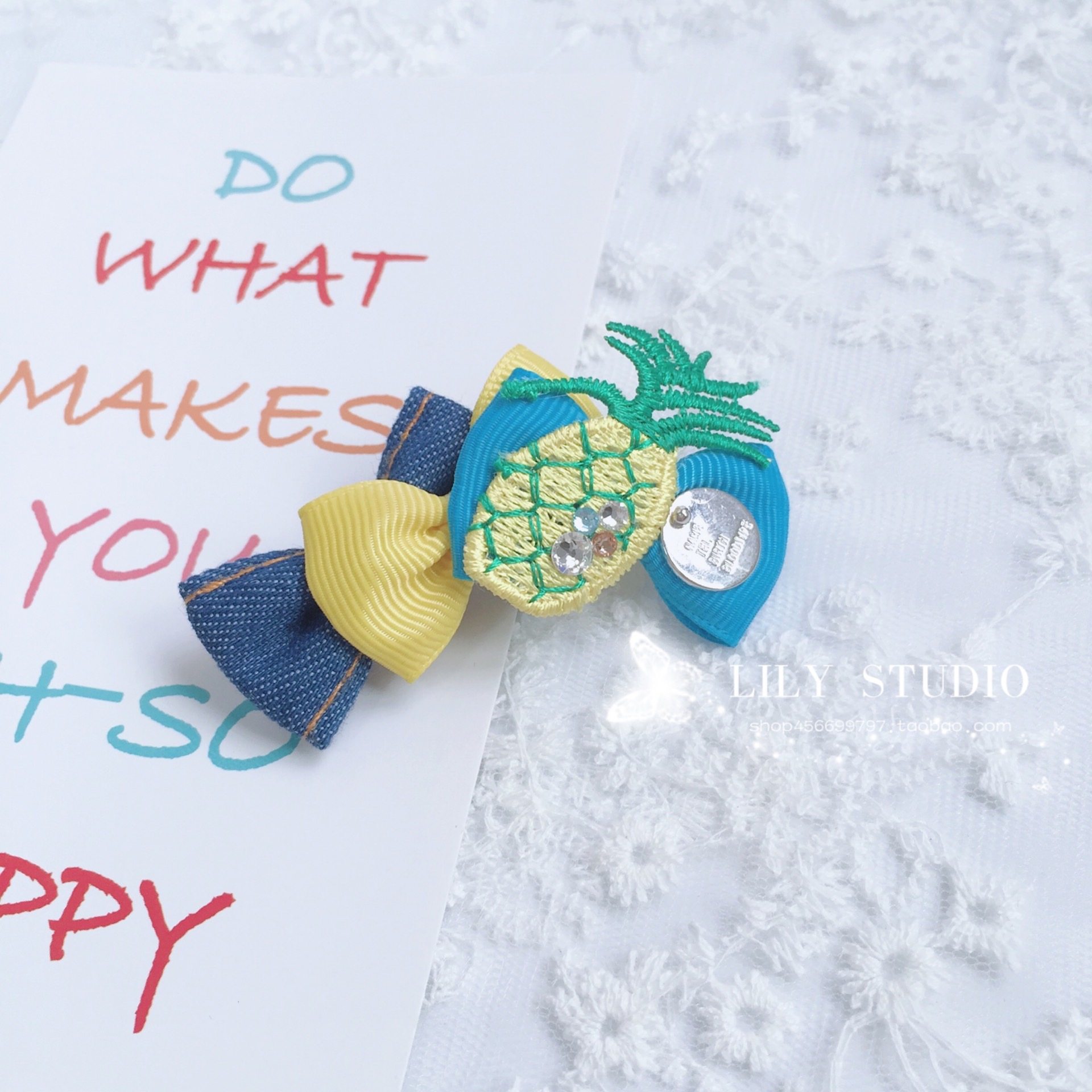 Lily studio handmade pet headdress Teddy Yorkshire Schmalzies denim pineapple hairpin