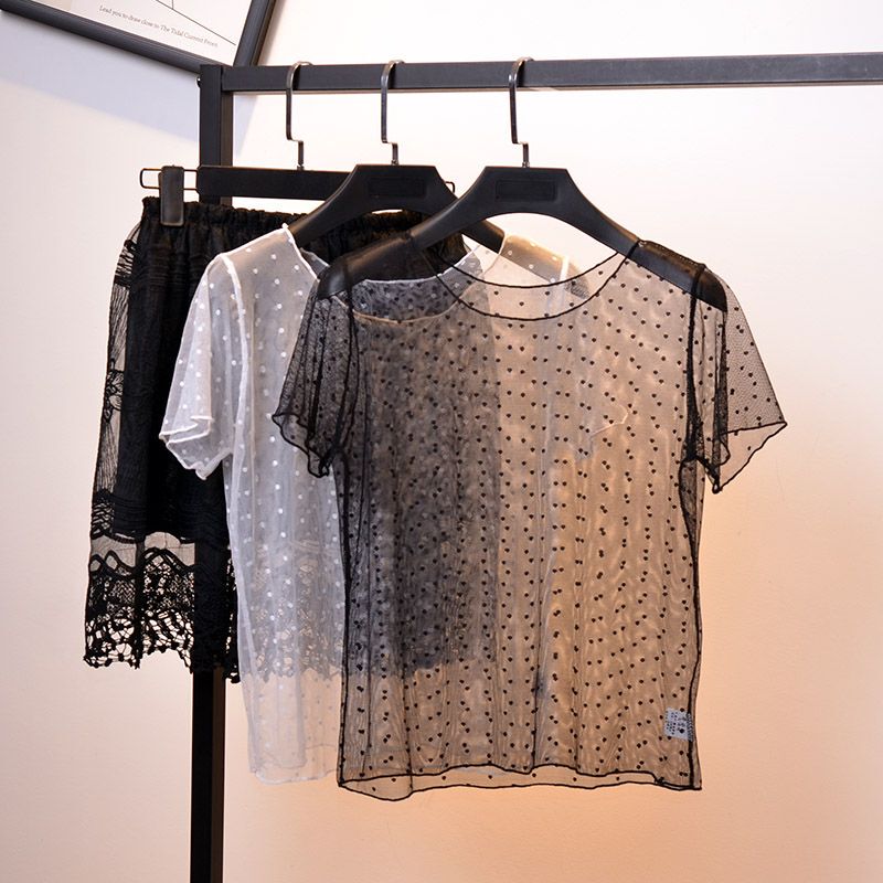 Spring and Summer New Style Mesh Short-Sleeved See-Through Polka Dot Wave Collar Base Layer Lace Blouse Fashion