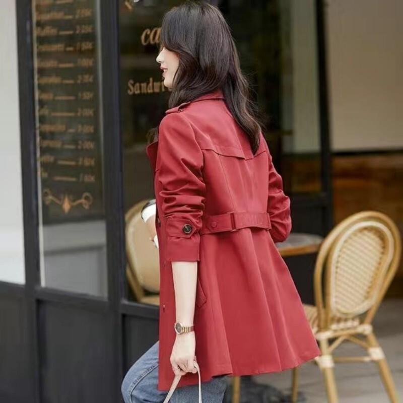 【Double Layer】Trendy New Red Double-Breasted Trench Coat for Petite Figures, Stylish British Style Spring and Autumn Short Jacket, Casual