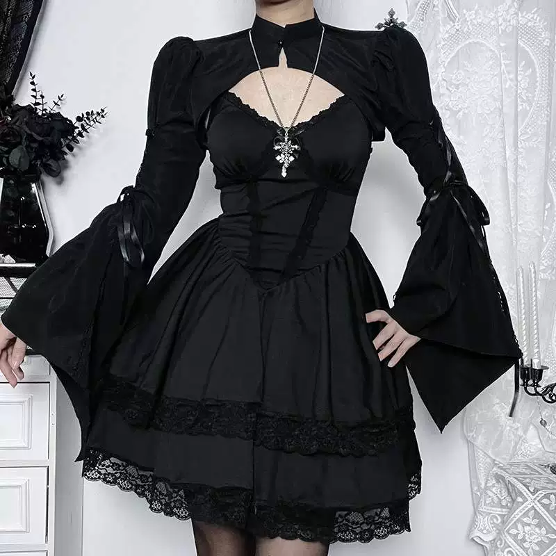 Черное платье, комплект, маленький костюм принцессы, стильLolita, силуэт А-линии