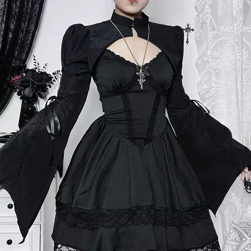 Черное платье, комплект, маленький костюм принцессы, стильLolita, силуэт А-линии