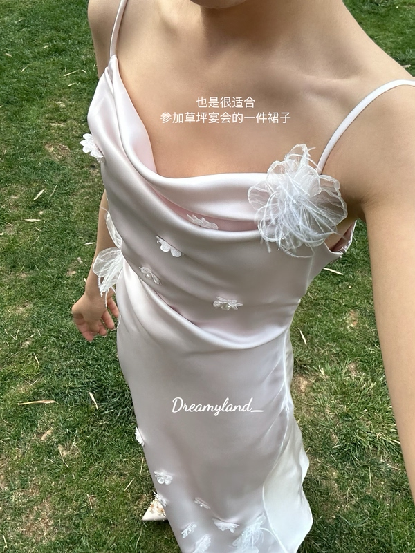 [in Stock] Pink Three-Dimensional Floral Satin Dress Mini Dress Wedding Banquet Birthday Long Dress Strap Dress for Women