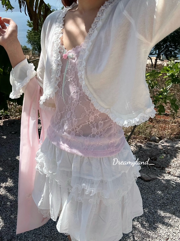 [in Stock] Pink 26 Spring/Summer French Style Girly Rose Bow Lace Mesh V-Neck Camisole Top for Women