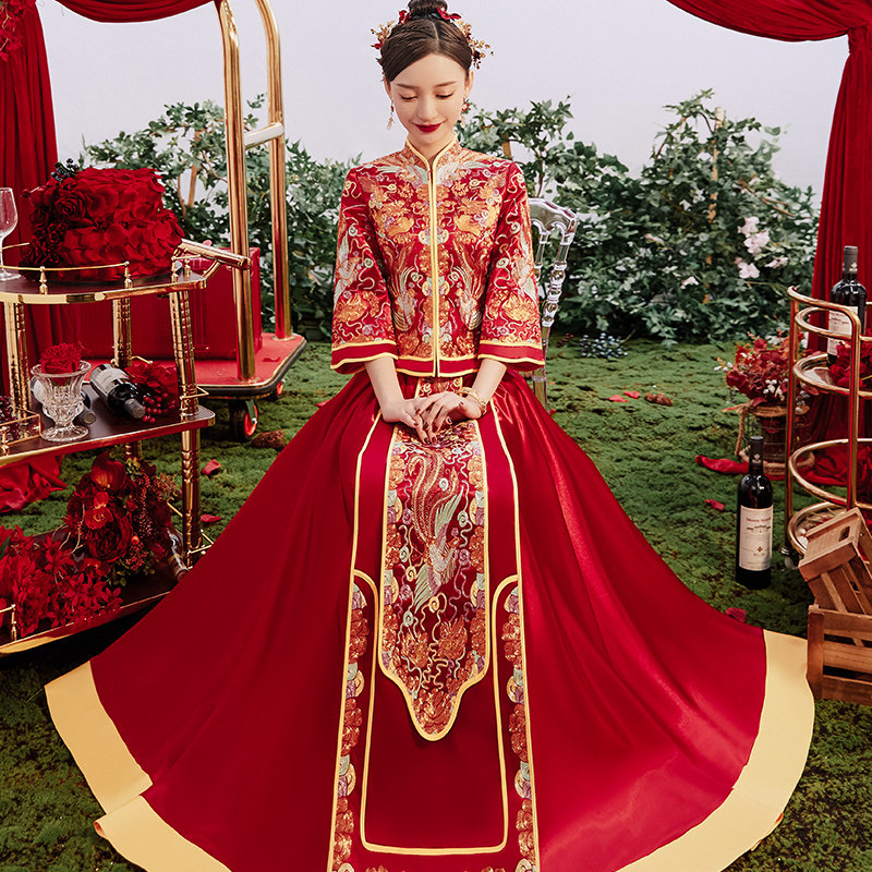 2021 new wedding show thin dragon and phoenix jacket Chinese Xiu Wo service large size retro toasts service out of the cabinet summer thin