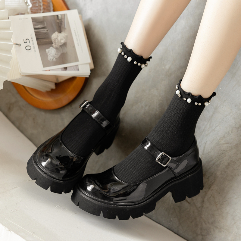Socks to Match Black Leather Shoes for Women, Thin Spring and Summer Style, Suitable for Mary Jane Loafers, Pearl Mid-Calf Korean Style Long Socks