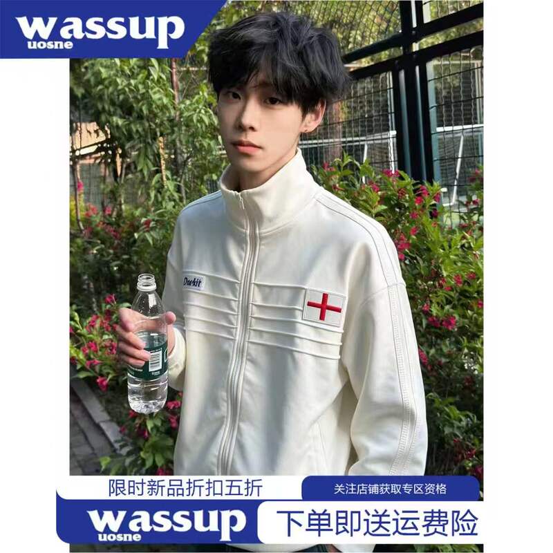Wassup American-Style England Stand-Collar Sweatshirt Jacket for Men and Teenagers, Trendy Casual Training Wear, Zip-Up Jacket
