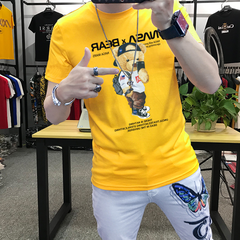 European Style Short-Sleeve Men's T-Shirt Trendy Brand Fashion Men's Half-Sleeve Bear Collaboration Korean Version Slim Fit Printed Trendy T-Shirt