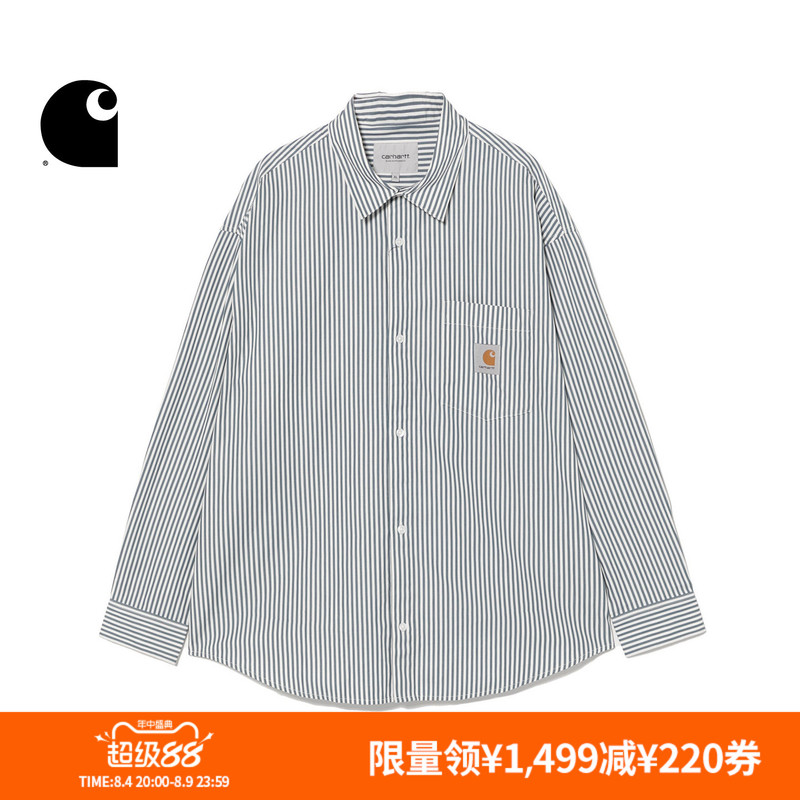 Carhartt Wip Shirt Men's Summer New Classic Square Logo Striped Silhouette Wide-Fit Long-Sleeve