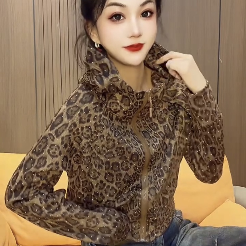 Spring and Autumn New Fashionable Petite Brushed Rhinestone Leopard Print Jacket Stylish Slimming Zipper Short Top Women's Clothing Spring and Autumn New Fashionable Petite Brushed Rhinestone Leopard Print Jacket Stylish Slimming Zipper Short Top Women's Clothing