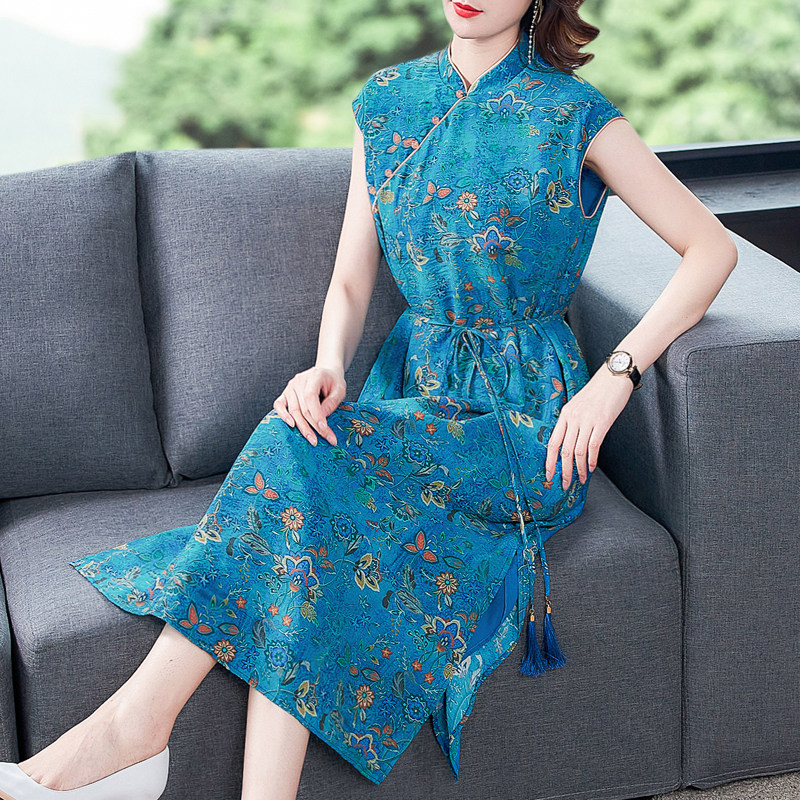 National style print modified cheongsam dress 2020 summer new ancient