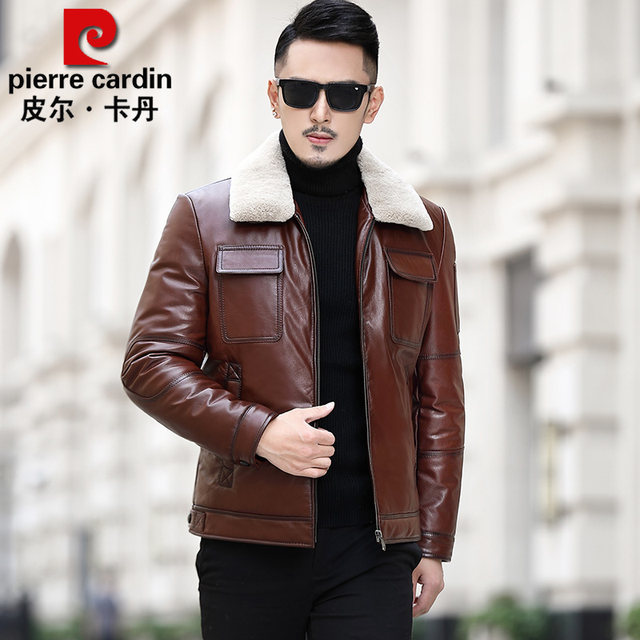 Pierre Cardin Leather Jacket ຜູ້ຊາຍຂອງແທ້ Leather Down Jacket ຜູ້ຊາຍ Cowhide Jacket Thickened Leather Jacket ລະດູຫນາວ 08-89