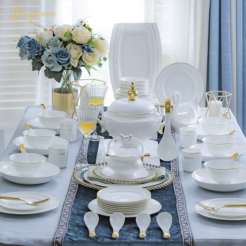 JERYOUN New Phnom Penh Bone China Dishes And Tableware Set Home Jingdezhen Bowls and Plates Golden Jade Full Hall High-end Light Luxury